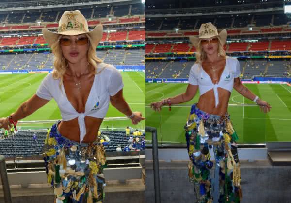 Imagem Virginia usa peça exclusiva feita à mão para assistir jogo entre Brasil x Japão